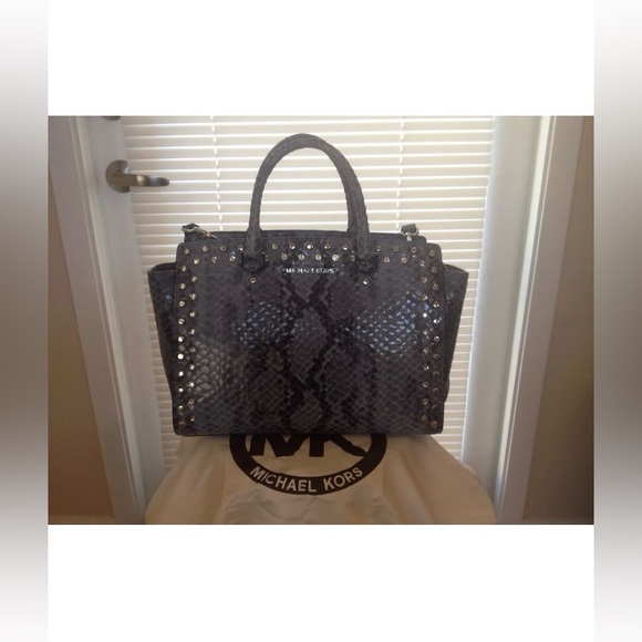 Pre-loved MICHAEL by Michael Kors 'Selma' Snake Embossed Jeweled Satchel - Denim - Picture 1 of 7